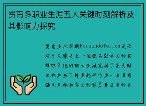 费南多职业生涯五大关键时刻解析及其影响力探究